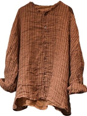 Textured Button-Front Tunic Top in Rust Brown